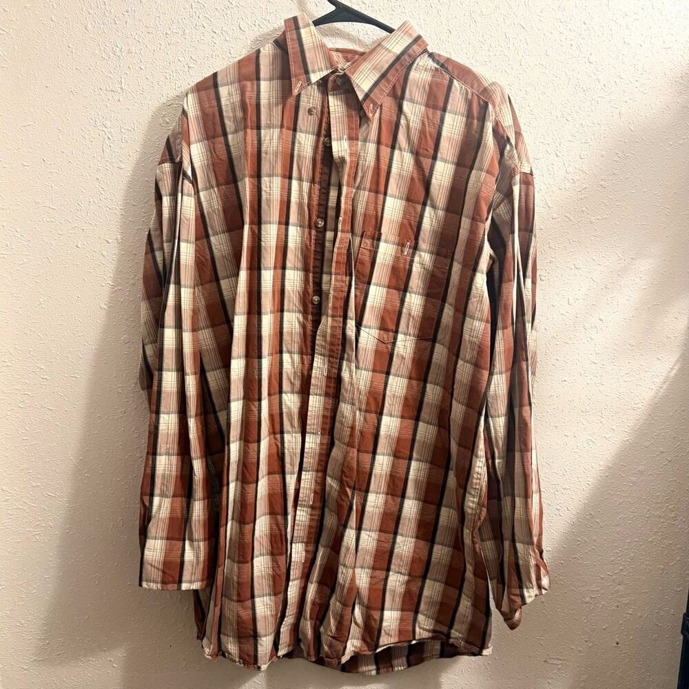 Wrangler 20X Men’s M Plaid Long Sleeve Button-Up Shirt Point Collar Brown Beige
